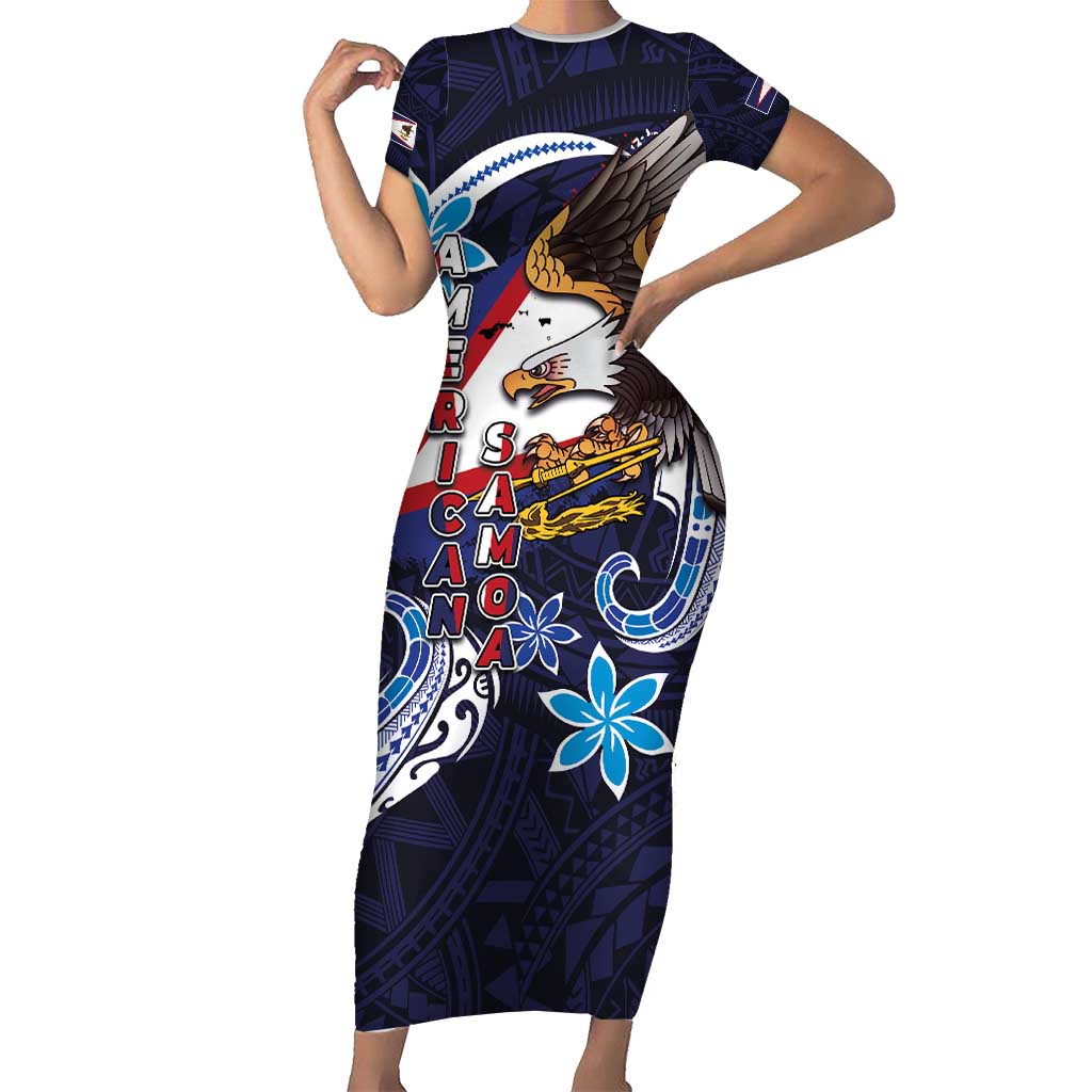 American Samoa Flag Day Family Matching Short Sleeve Bodycon Dress and Hawaiian Shirt Bald Eagle with Uatogi and Fue - Polynesian and Floral Tribal Tattoo LT03 Mom's Dress Navy - Polynesian Pride