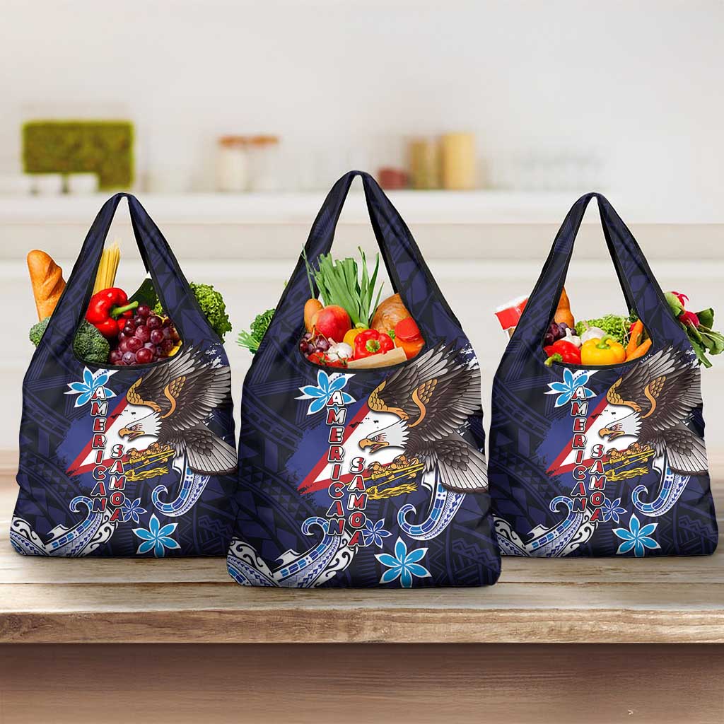 American Samoa Flag Day Grocery Bag Bald Eagle with Uatogi and Fue - Polynesian and Floral Tribal Tattoo LT03 3-pack One Size Navy - Polynesian Pride