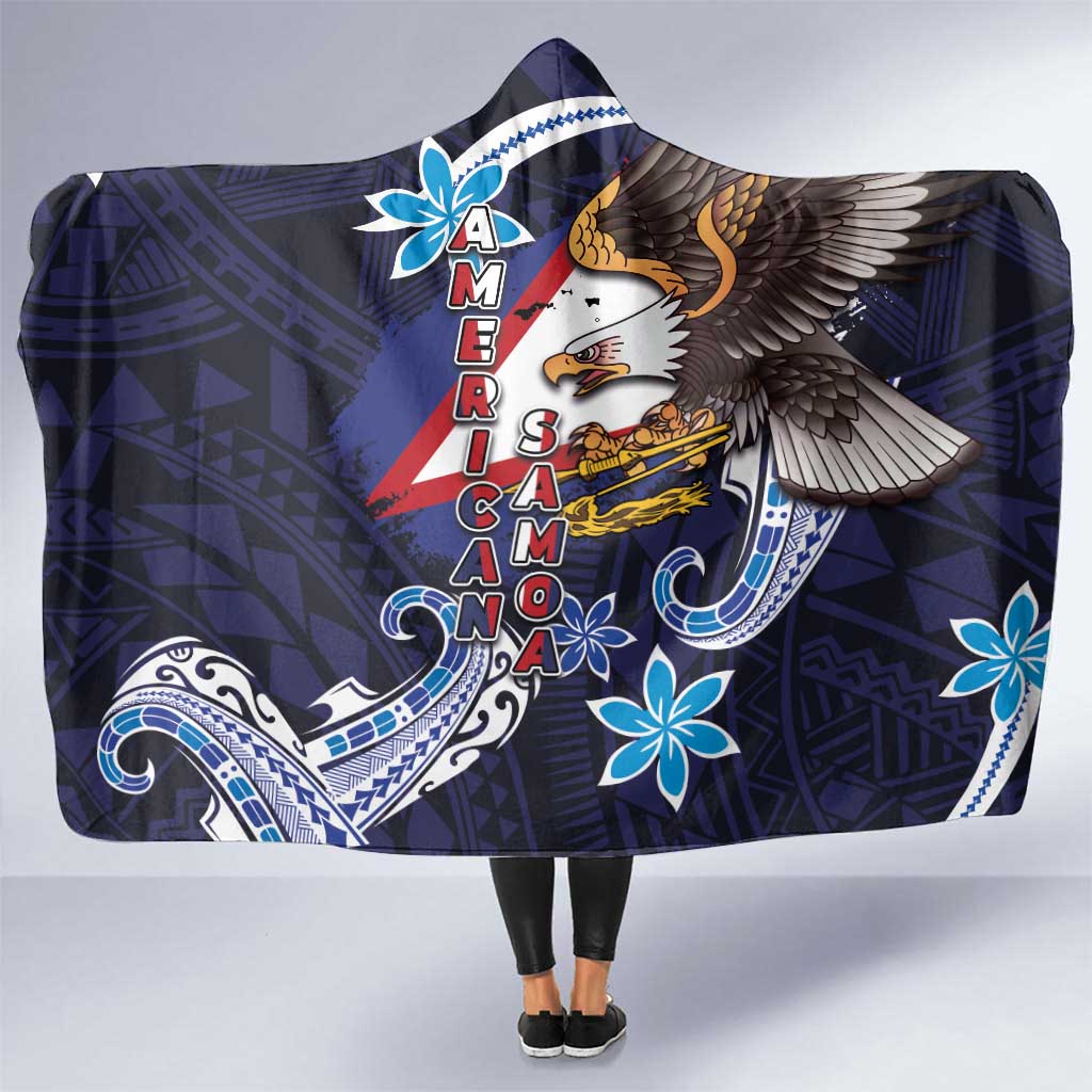American Samoa Flag Day Hooded Blanket Bald Eagle with Uatogi and Fue - Polynesian and Floral Tribal Tattoo LT03 One Size Navy - Polynesian Pride