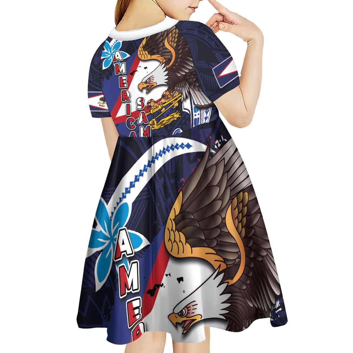 American Samoa Flag Day Kid Short Sleeve Dress Bald Eagle with Uatogi and Fue - Polynesian and Floral Tribal Tattoo LT03 - Polynesian Pride