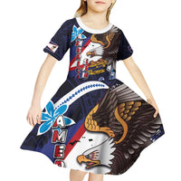 American Samoa Flag Day Kid Short Sleeve Dress Bald Eagle with Uatogi and Fue - Polynesian and Floral Tribal Tattoo LT03 - Polynesian Pride