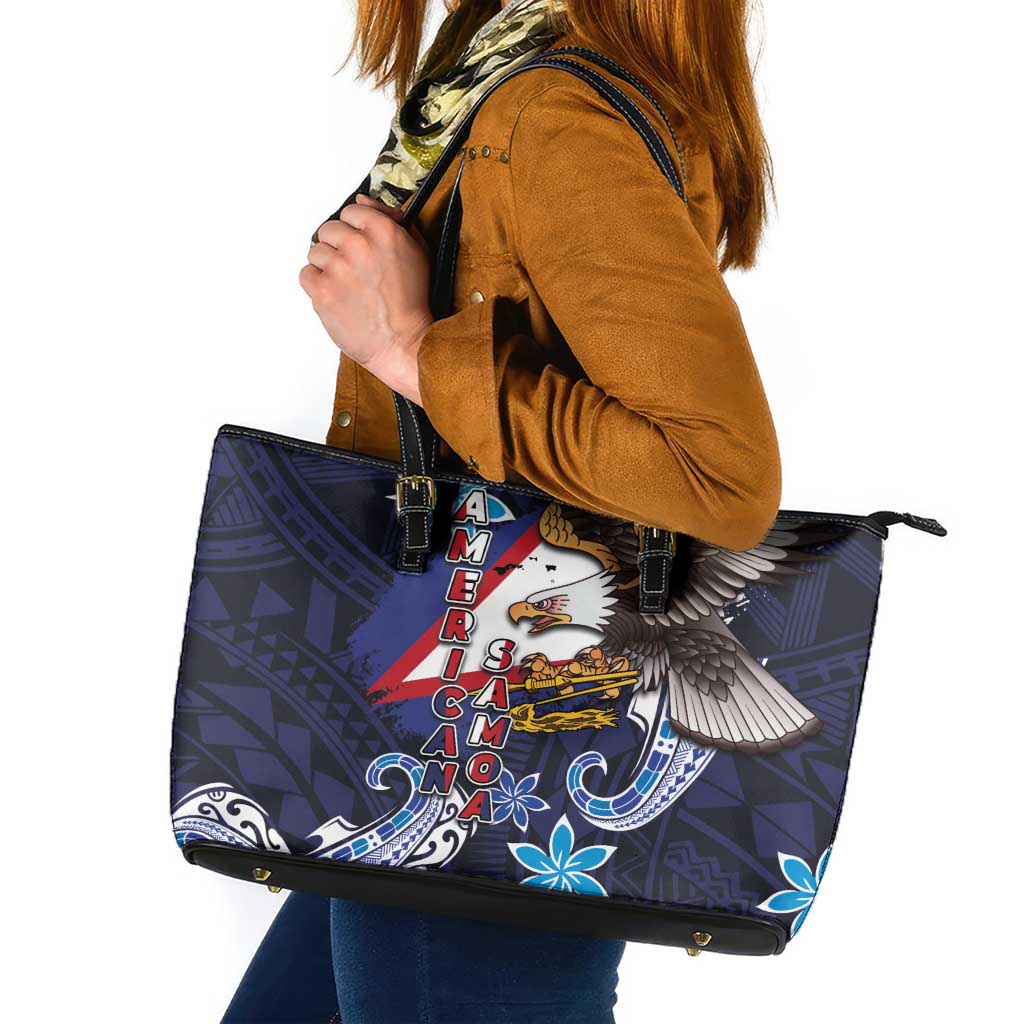 American Samoa Flag Day Leather Tote Bag Bald Eagle with Uatogi and Fue - Polynesian and Floral Tribal Tattoo LT03 Navy - Polynesian Pride