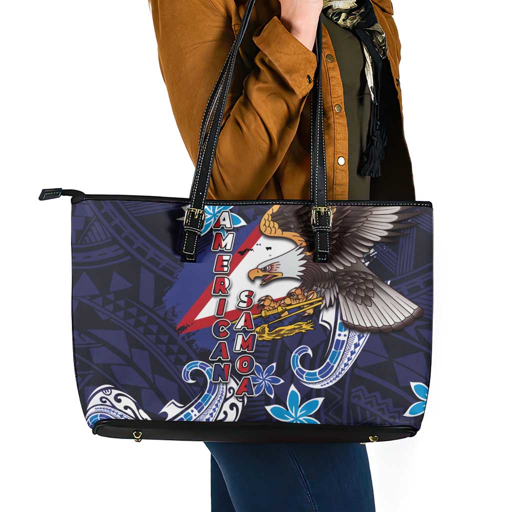 American Samoa Flag Day Leather Tote Bag Bald Eagle with Uatogi and Fue - Polynesian and Floral Tribal Tattoo LT03 - Polynesian Pride