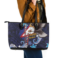 American Samoa Flag Day Leather Tote Bag Bald Eagle with Uatogi and Fue - Polynesian and Floral Tribal Tattoo LT03 - Polynesian Pride