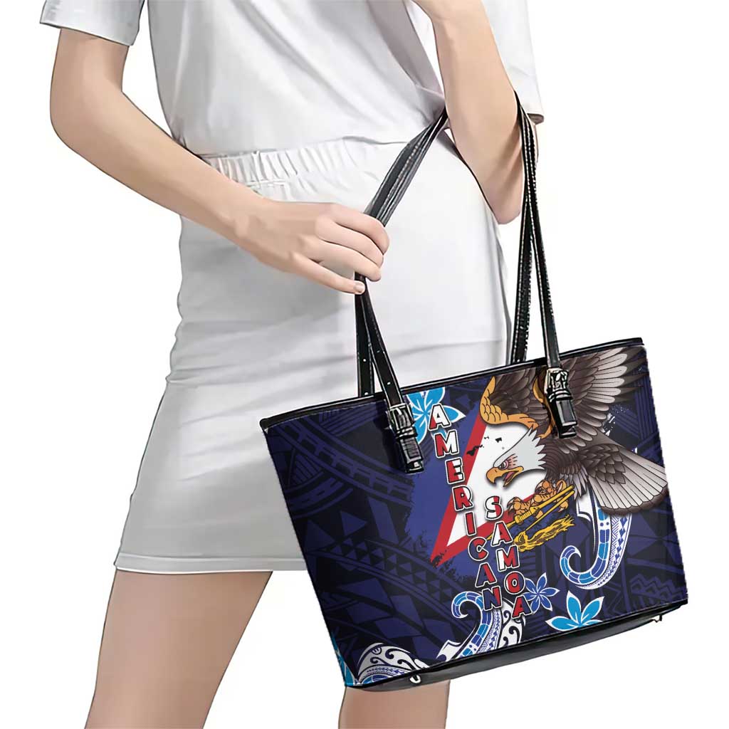 American Samoa Flag Day Leather Tote Bag Bald Eagle with Uatogi and Fue - Polynesian and Floral Tribal Tattoo LT03 - Polynesian Pride