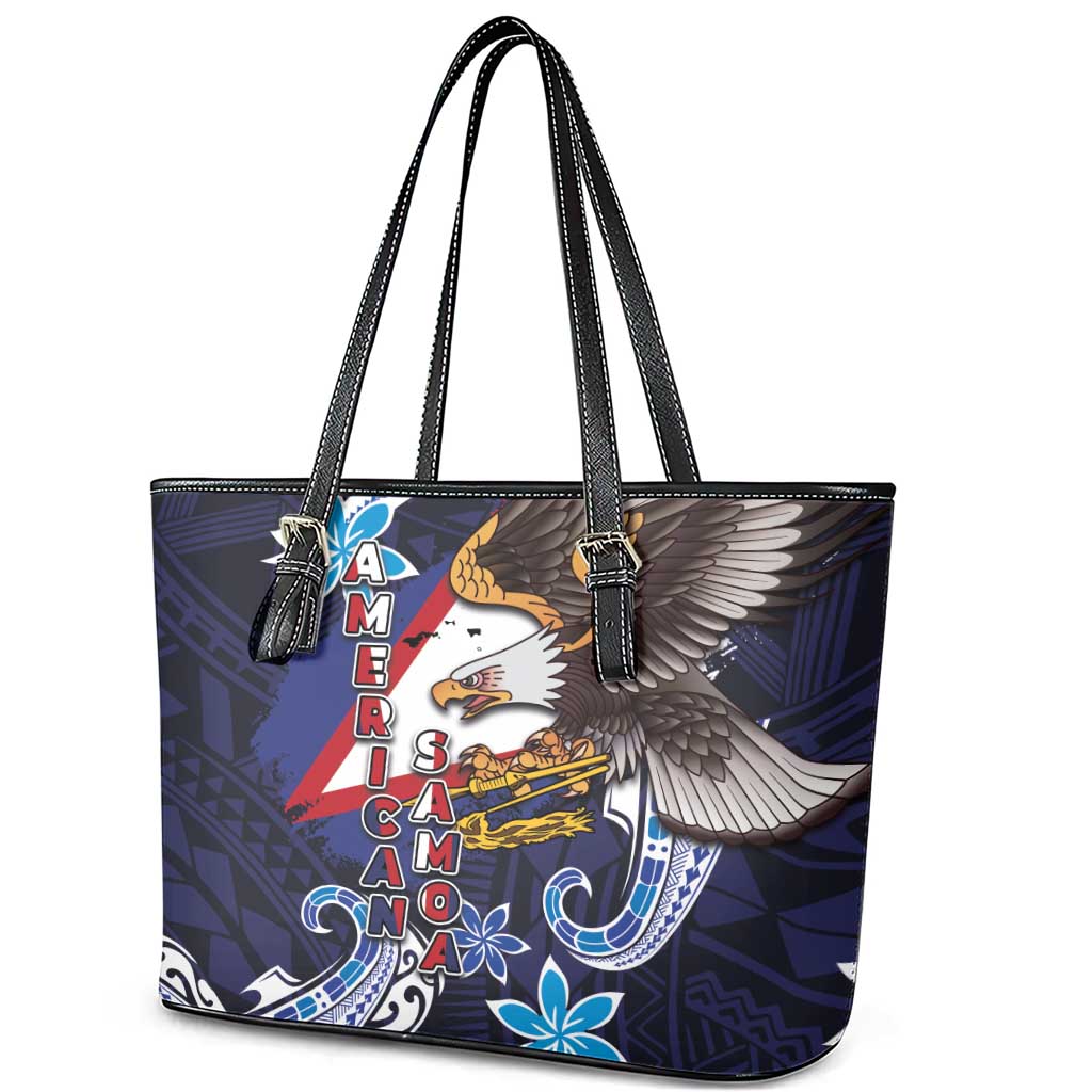 American Samoa Flag Day Leather Tote Bag Bald Eagle with Uatogi and Fue - Polynesian and Floral Tribal Tattoo LT03 - Polynesian Pride