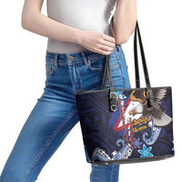American Samoa Flag Day Leather Tote Bag Bald Eagle with Uatogi and Fue - Polynesian and Floral Tribal Tattoo LT03 - Polynesian Pride