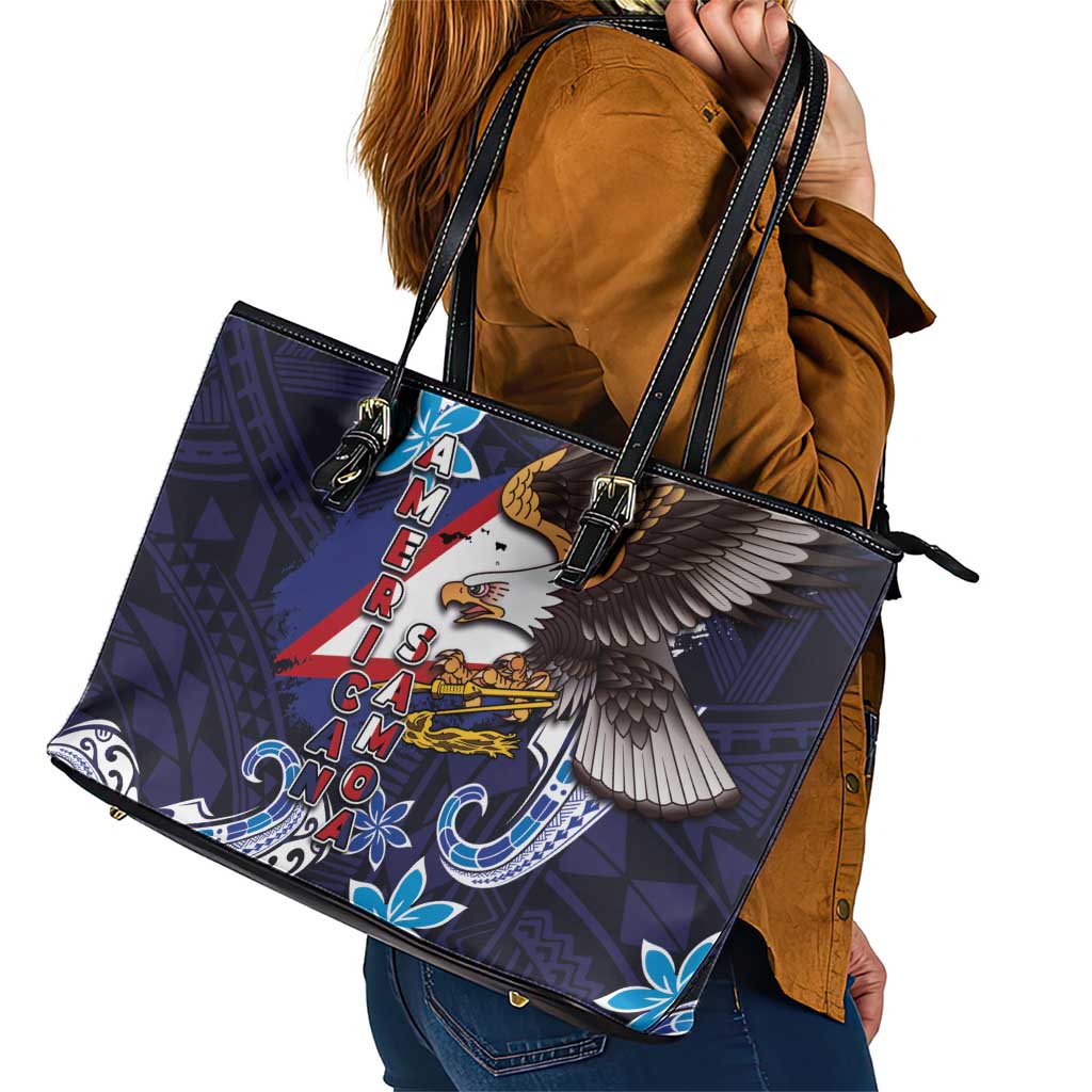 American Samoa Flag Day Leather Tote Bag Bald Eagle with Uatogi and Fue - Polynesian and Floral Tribal Tattoo LT03 - Polynesian Pride