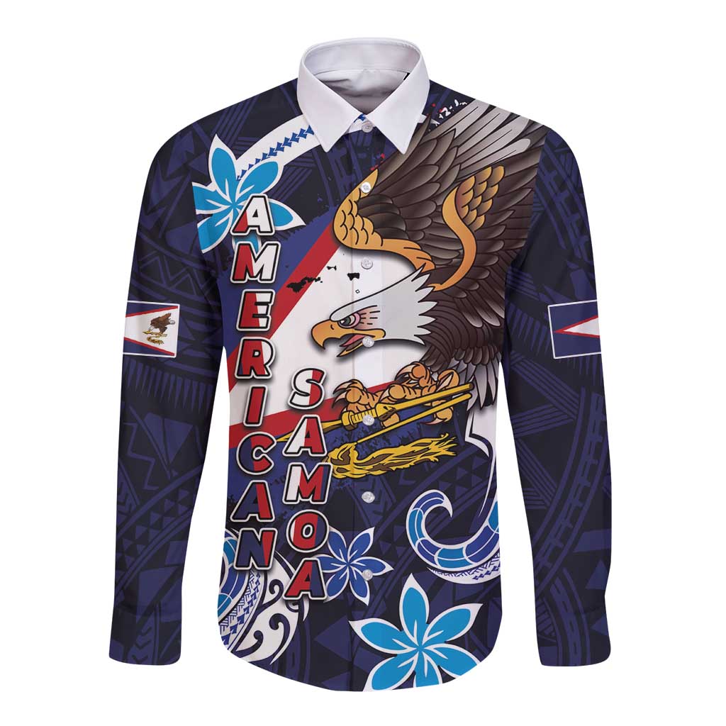 American Samoa Flag Day Long Sleeve Button Shirt Bald Eagle with Uatogi and Fue - Polynesian and Floral Tribal Tattoo LT03 Unisex Navy - Polynesian Pride