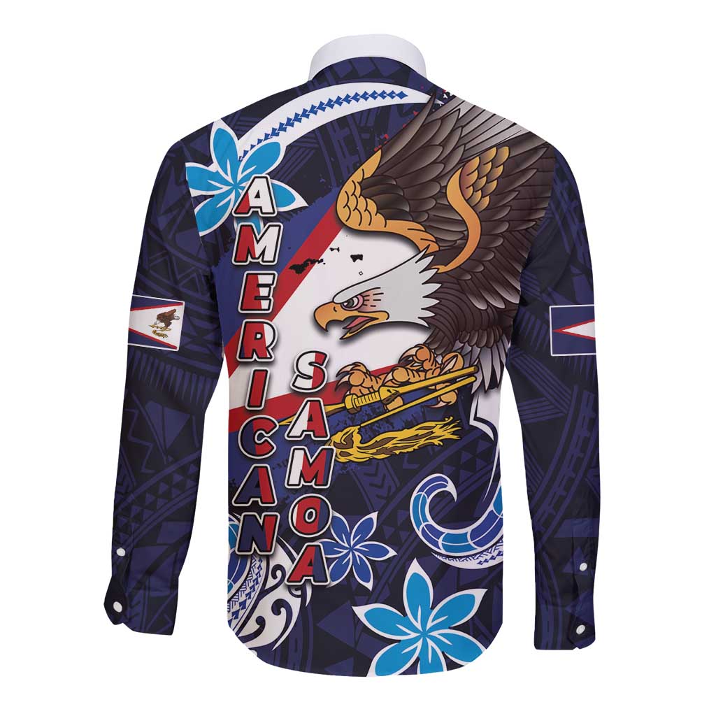 American Samoa Flag Day Long Sleeve Button Shirt Bald Eagle with Uatogi and Fue - Polynesian and Floral Tribal Tattoo LT03 - Polynesian Pride