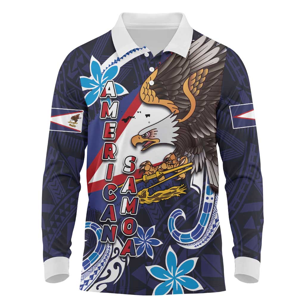 American Samoa Flag Day Long Sleeve Polo Shirt Bald Eagle with Uatogi and Fue - Polynesian and Floral Tribal Tattoo LT03 Navy - Polynesian Pride