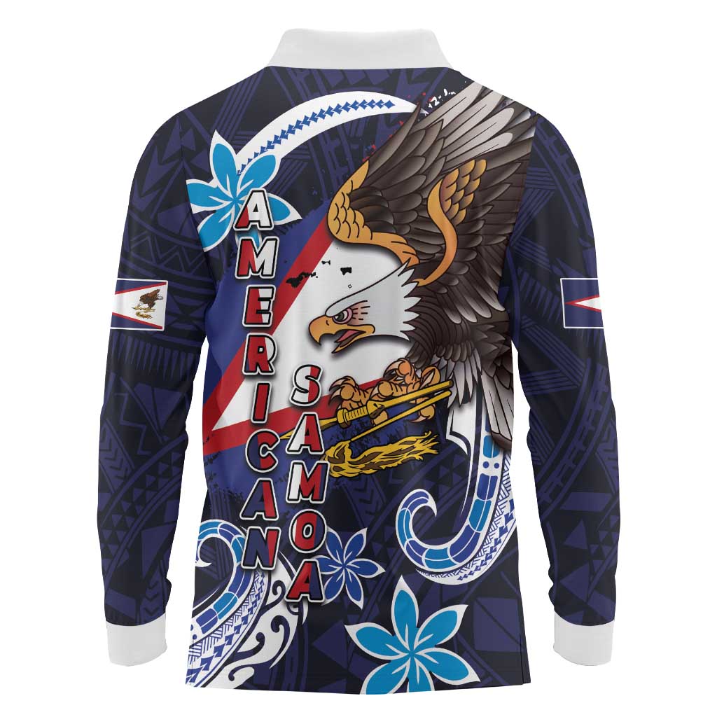American Samoa Flag Day Long Sleeve Polo Shirt Bald Eagle with Uatogi and Fue - Polynesian and Floral Tribal Tattoo LT03 - Polynesian Pride