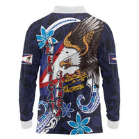 American Samoa Flag Day Long Sleeve Polo Shirt Bald Eagle with Uatogi and Fue - Polynesian and Floral Tribal Tattoo LT03 - Polynesian Pride