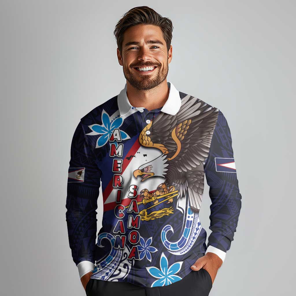 American Samoa Flag Day Long Sleeve Polo Shirt Bald Eagle with Uatogi and Fue - Polynesian and Floral Tribal Tattoo LT03 - Polynesian Pride