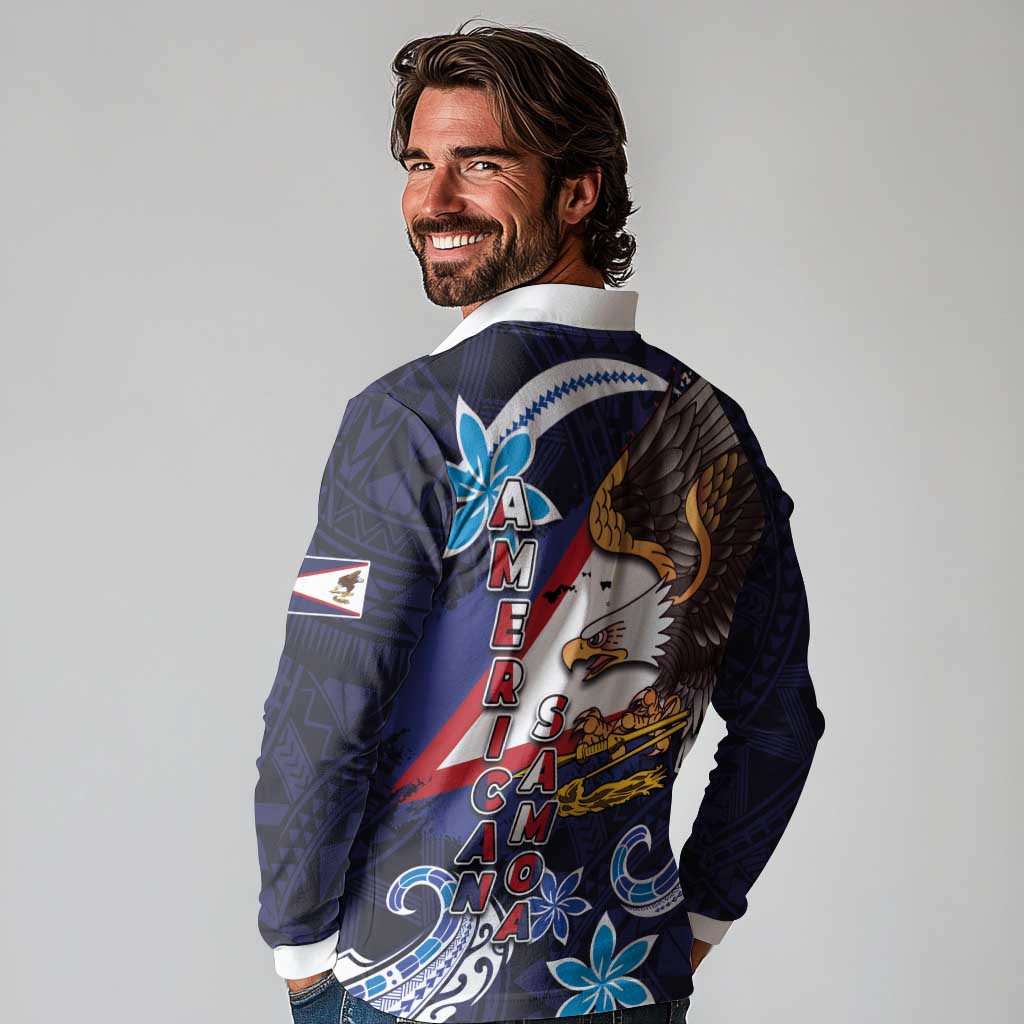 American Samoa Flag Day Long Sleeve Polo Shirt Bald Eagle with Uatogi and Fue - Polynesian and Floral Tribal Tattoo LT03 - Polynesian Pride