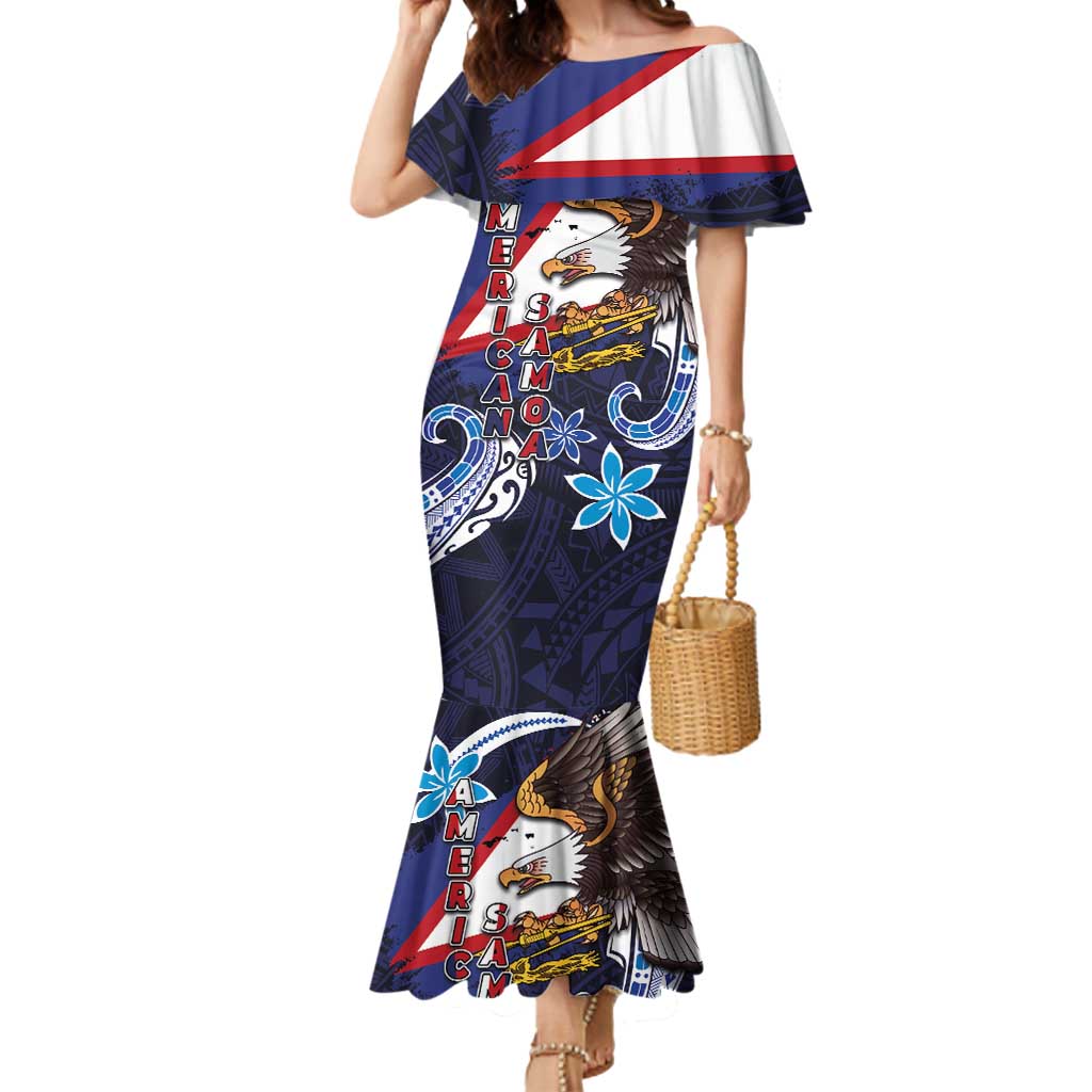 American Samoa Flag Day Mermaid Dress Bald Eagle with Uatogi and Fue - Polynesian and Floral Tribal Tattoo LT03 Women Navy - Polynesian Pride