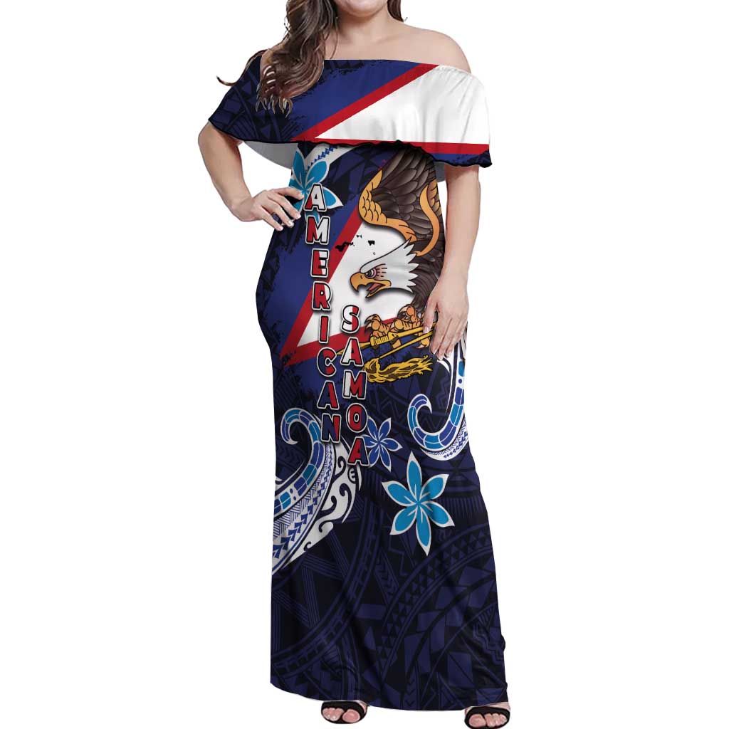 American Samoa Flag Day Off Shoulder Maxi Dress Bald Eagle with Uatogi and Fue - Polynesian and Floral Tribal Tattoo LT03 Women Navy - Polynesian Pride