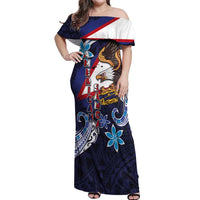 American Samoa Flag Day Off Shoulder Maxi Dress Bald Eagle with Uatogi and Fue - Polynesian and Floral Tribal Tattoo LT03 Women Navy - Polynesian Pride