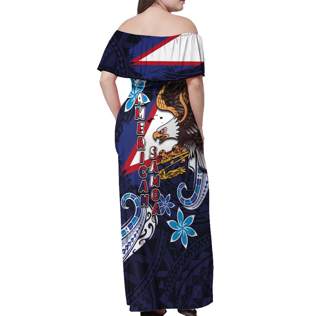 American Samoa Flag Day Off Shoulder Maxi Dress Bald Eagle with Uatogi and Fue - Polynesian and Floral Tribal Tattoo LT03 - Polynesian Pride
