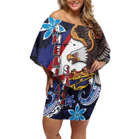 American Samoa Flag Day Off Shoulder Short Dress Bald Eagle with Uatogi and Fue - Polynesian and Floral Tribal Tattoo LT03 Women Navy - Polynesian Pride