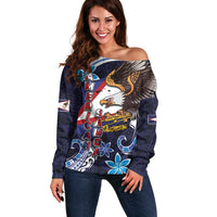 American Samoa Flag Day Off Shoulder Sweater Bald Eagle with Uatogi and Fue - Polynesian and Floral Tribal Tattoo LT03 Women Navy - Polynesian Pride
