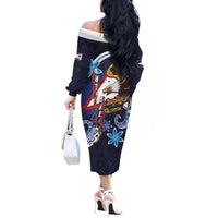 American Samoa Flag Day Off The Shoulder Long Sleeve Dress Bald Eagle with Uatogi and Fue - Polynesian and Floral Tribal Tattoo LT03 - Polynesian Pride