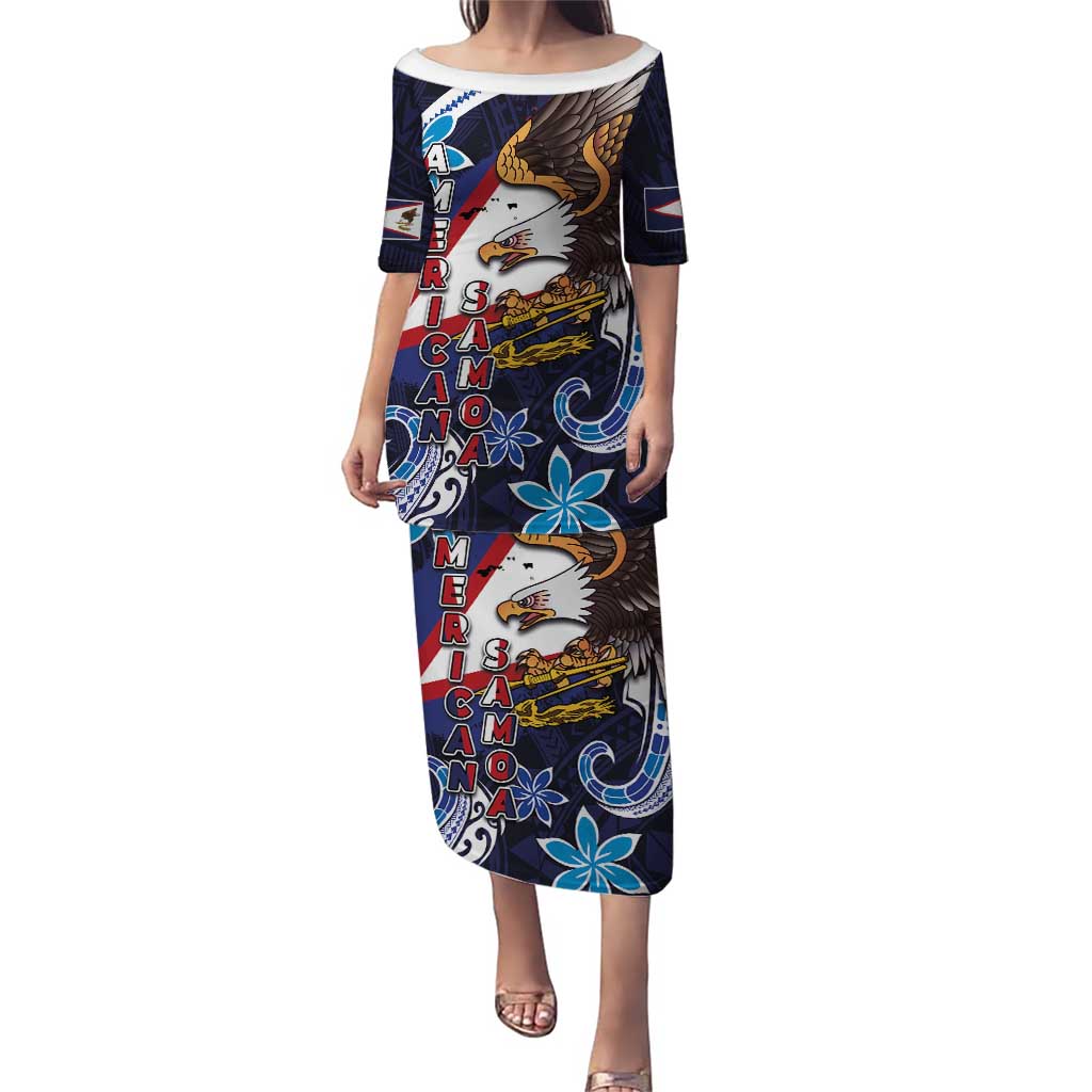 American Samoa Flag Day Puletasi Bald Eagle with Uatogi and Fue - Polynesian and Floral Tribal Tattoo LT03 Long Dress Navy - Polynesian Pride