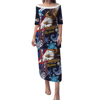 American Samoa Flag Day Puletasi Bald Eagle with Uatogi and Fue - Polynesian and Floral Tribal Tattoo LT03 Long Dress Navy - Polynesian Pride