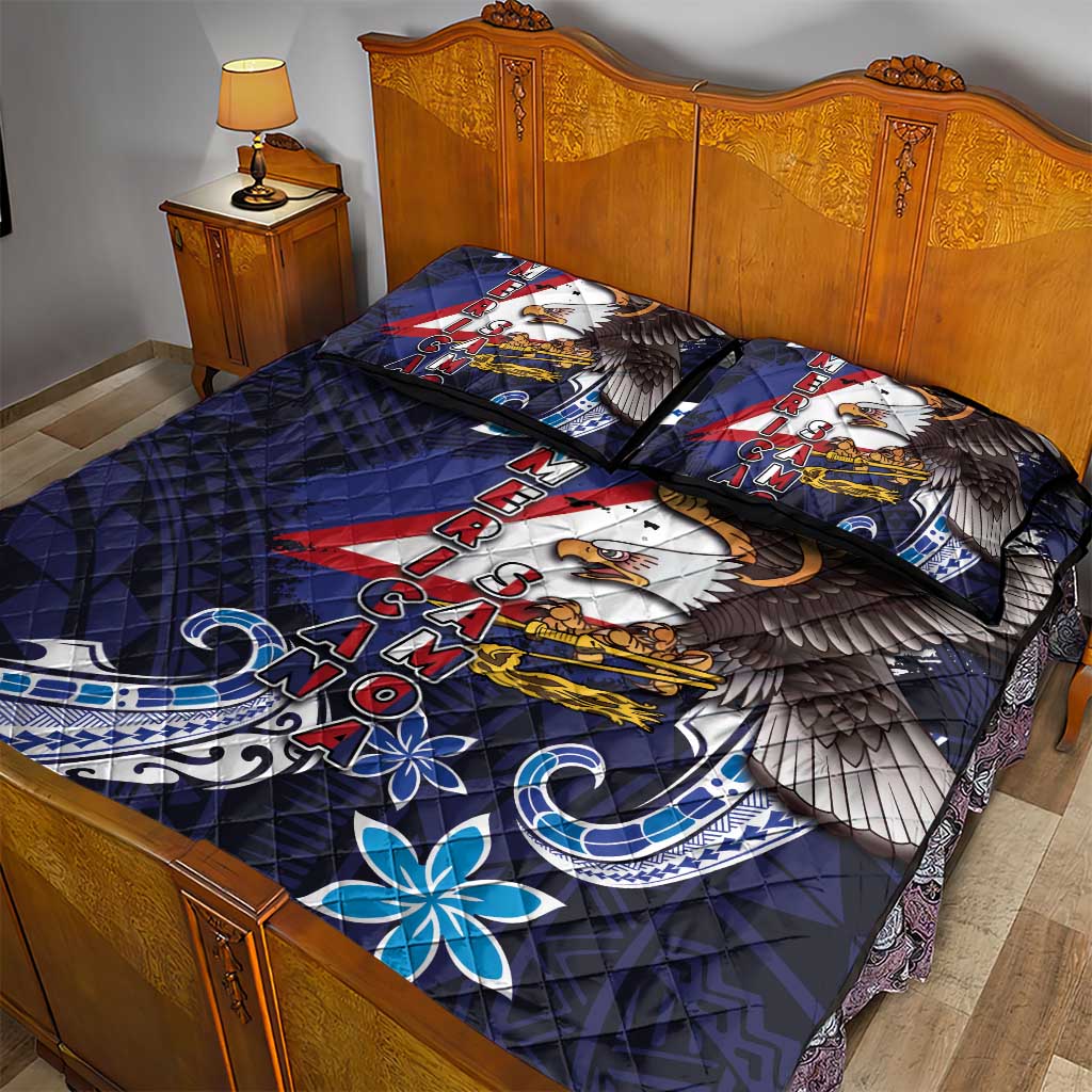 American Samoa Flag Day Quilt Bed Set Bald Eagle with Uatogi and Fue - Polynesian and Floral Tribal Tattoo LT03 - Polynesian Pride