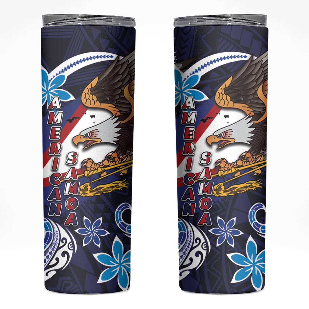 American Samoa Flag Day Skinny Tumbler Bald Eagle with Uatogi and Fue - Polynesian and Floral Tribal Tattoo LT03 Navy - Polynesian Pride