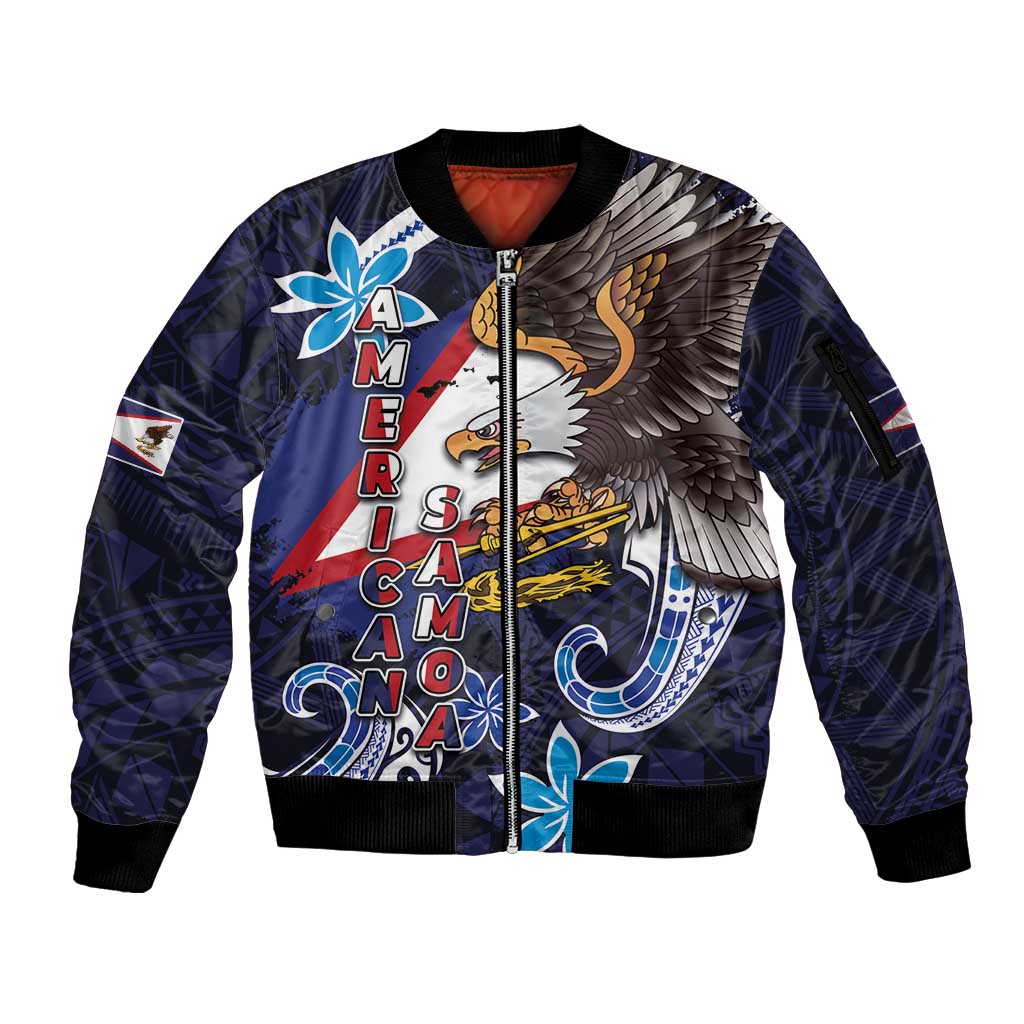 American Samoa Flag Day Sleeve Zip Bomber Jacket Bald Eagle with Uatogi and Fue - Polynesian and Floral Tribal Tattoo LT03 Unisex Navy - Polynesian Pride