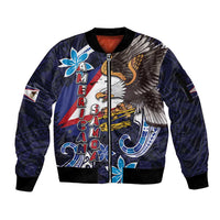 American Samoa Flag Day Sleeve Zip Bomber Jacket Bald Eagle with Uatogi and Fue - Polynesian and Floral Tribal Tattoo LT03 Unisex Navy - Polynesian Pride