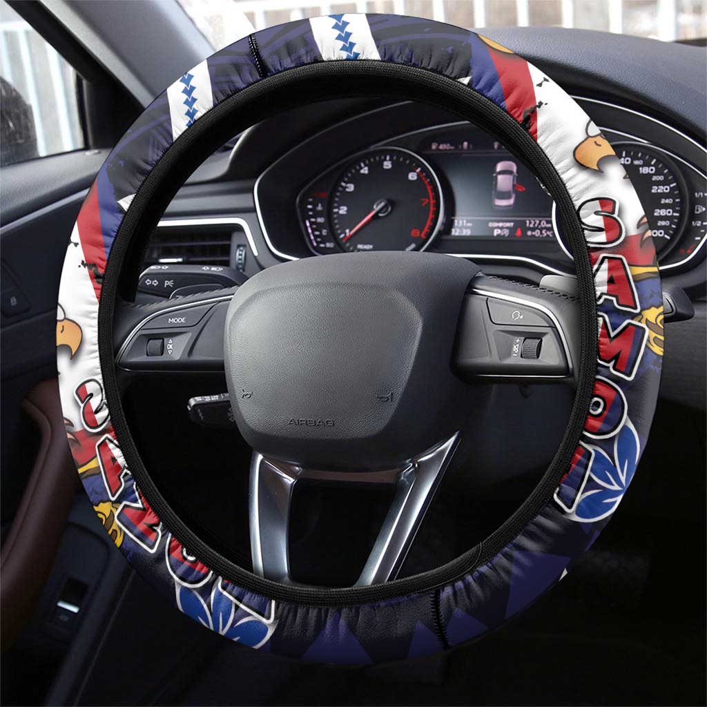 American Samoa Flag Day Steering Wheel Cover Bald Eagle with Uatogi and Fue - Polynesian and Floral Tribal Tattoo LT03 - Polynesian Pride