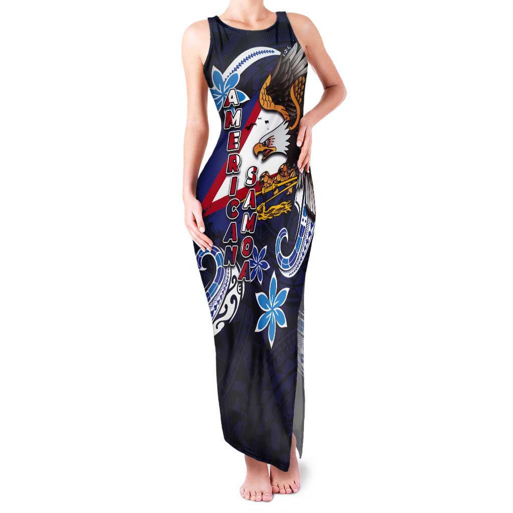American Samoa Flag Day Tank Maxi Dress Bald Eagle with Uatogi and Fue - Polynesian and Floral Tribal Tattoo LT03 Women Navy - Polynesian Pride