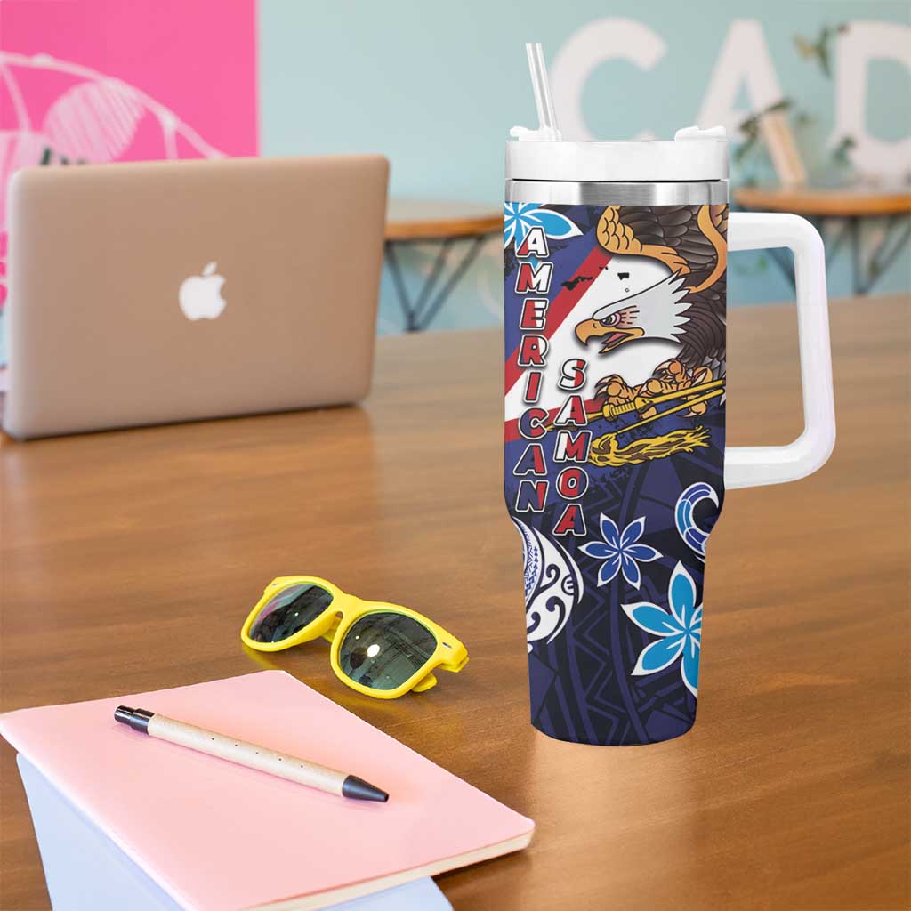 American Samoa Flag Day Tumbler With Handle Bald Eagle with Uatogi and Fue - Polynesian and Floral Tribal Tattoo LT03 - Polynesian Pride