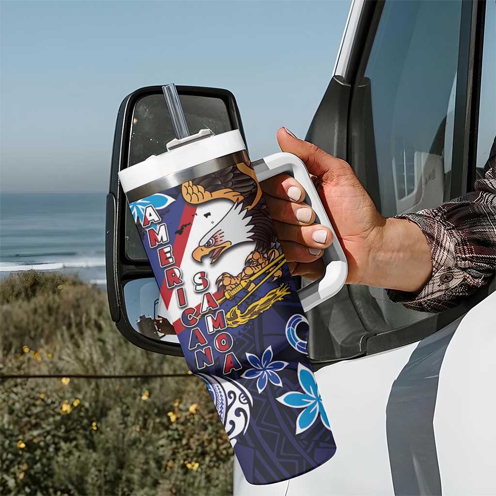 American Samoa Flag Day Tumbler With Handle Bald Eagle with Uatogi and Fue - Polynesian and Floral Tribal Tattoo LT03 - Polynesian Pride
