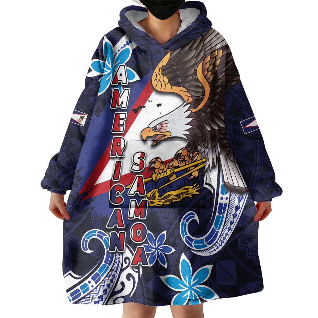 American Samoa Flag Day Wearable Blanket Hoodie Bald Eagle with Uatogi and Fue - Polynesian and Floral Tribal Tattoo LT03 - Polynesian Pride
