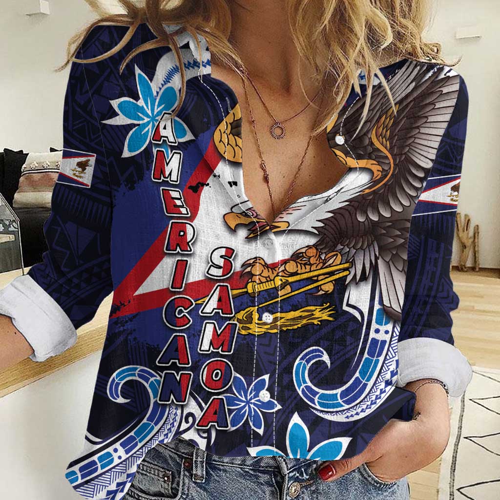 American Samoa Flag Day Women Casual Shirt Bald Eagle with Uatogi and Fue - Polynesian and Floral Tribal Tattoo LT03 Female Navy - Polynesian Pride