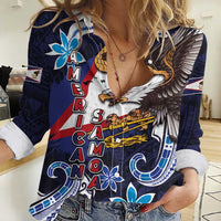 American Samoa Flag Day Women Casual Shirt Bald Eagle with Uatogi and Fue - Polynesian and Floral Tribal Tattoo LT03 Female Navy - Polynesian Pride