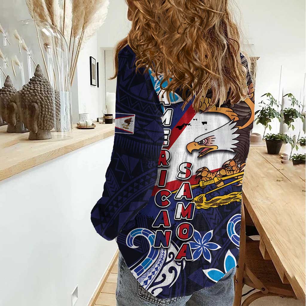 American Samoa Flag Day Women Casual Shirt Bald Eagle with Uatogi and Fue - Polynesian and Floral Tribal Tattoo LT03 - Polynesian Pride