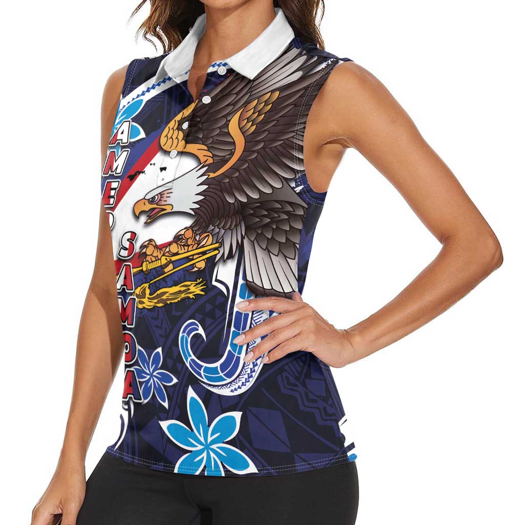 American Samoa Flag Day Women Sleeveless Polo Shirt Bald Eagle with Uatogi and Fue - Polynesian and Floral Tribal Tattoo LT03 - Polynesian Pride