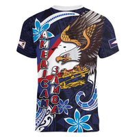 American Samoa Flag Day Women V-Neck T-Shirt Bald Eagle with Uatogi and Fue - Polynesian and Floral Tribal Tattoo LT03 - Polynesian Pride