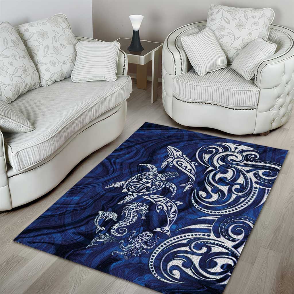 New Zealand Connecting with Seas Area Rug Maori Tribal and Sea Animals Tattoo - White Glass Style