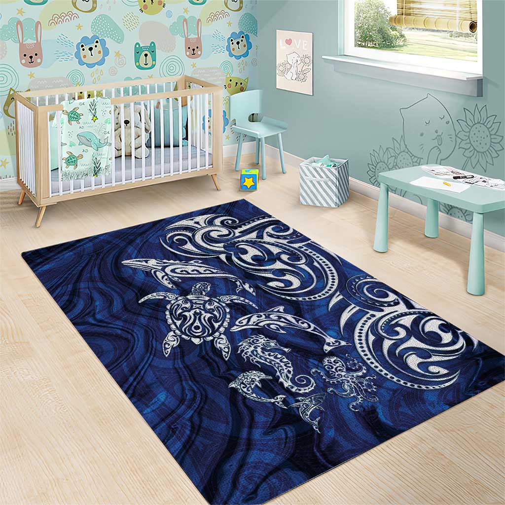 New Zealand Connecting with Seas Area Rug Maori Tribal and Sea Animals Tattoo - White Glass Style