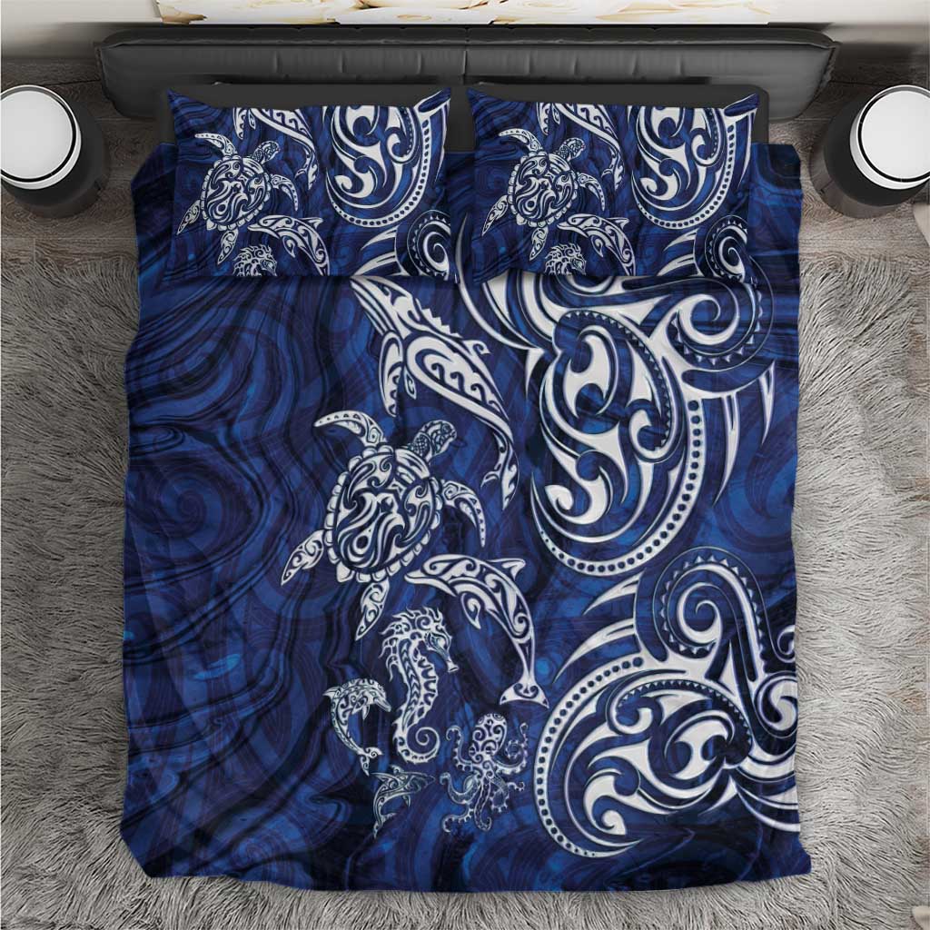 New Zealand Connecting with Seas Bedding Set Maori Tribal and Sea Animals Tattoo - White Glass Style LT03 Navy - Polynesian Pride