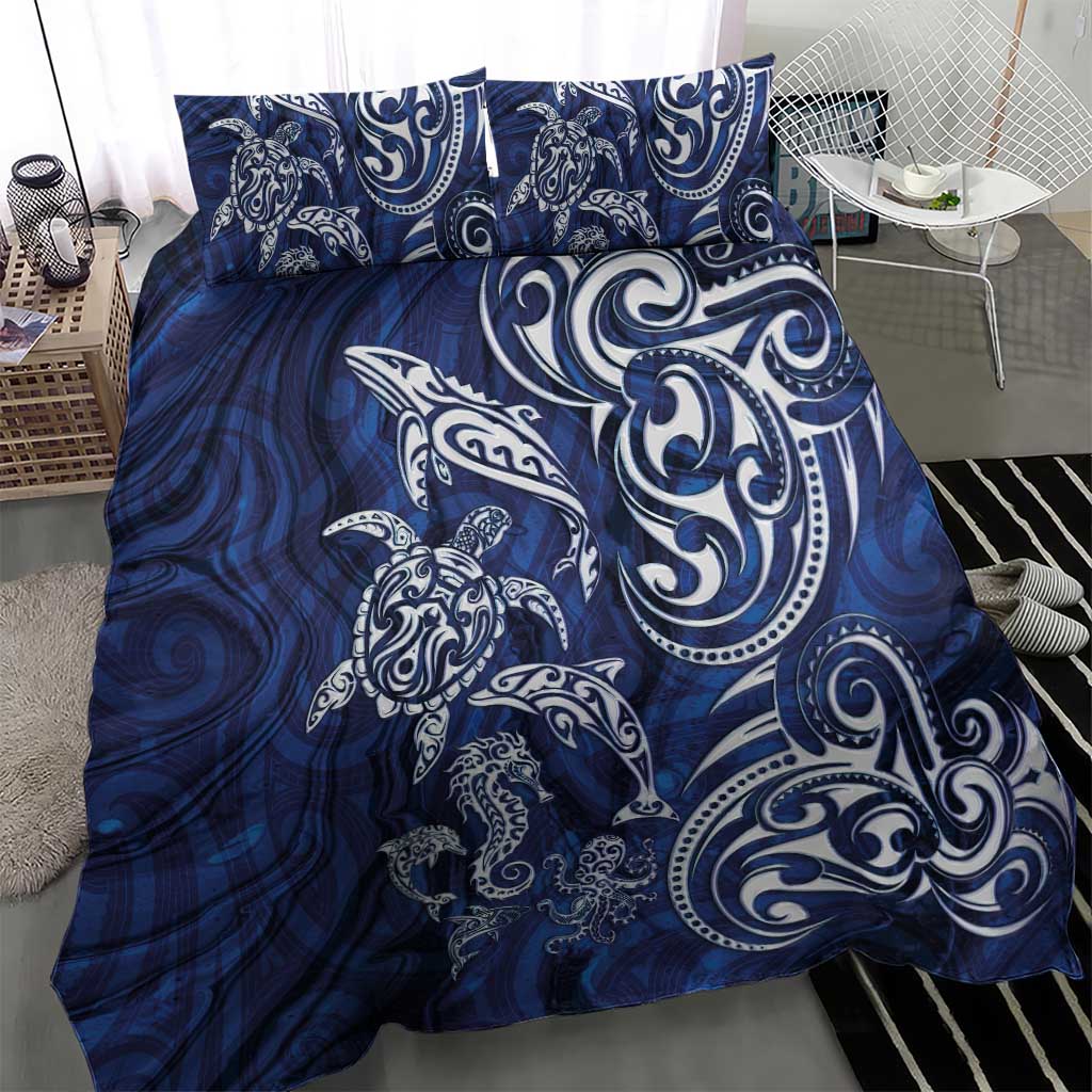 New Zealand Connecting with Seas Bedding Set Maori Tribal and Sea Animals Tattoo - White Glass Style LT03 - Polynesian Pride