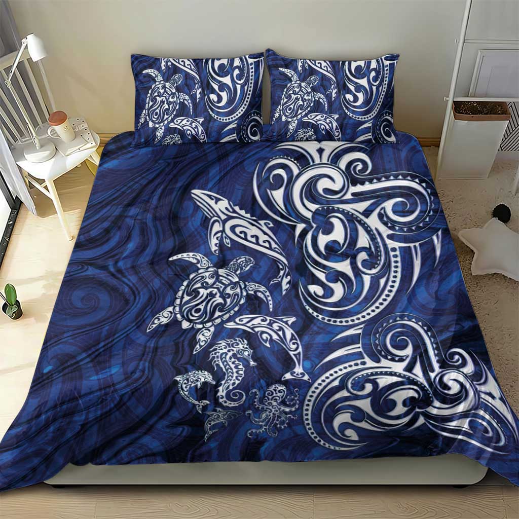 New Zealand Connecting with Seas Bedding Set Maori Tribal and Sea Animals Tattoo - White Glass Style LT03 - Polynesian Pride