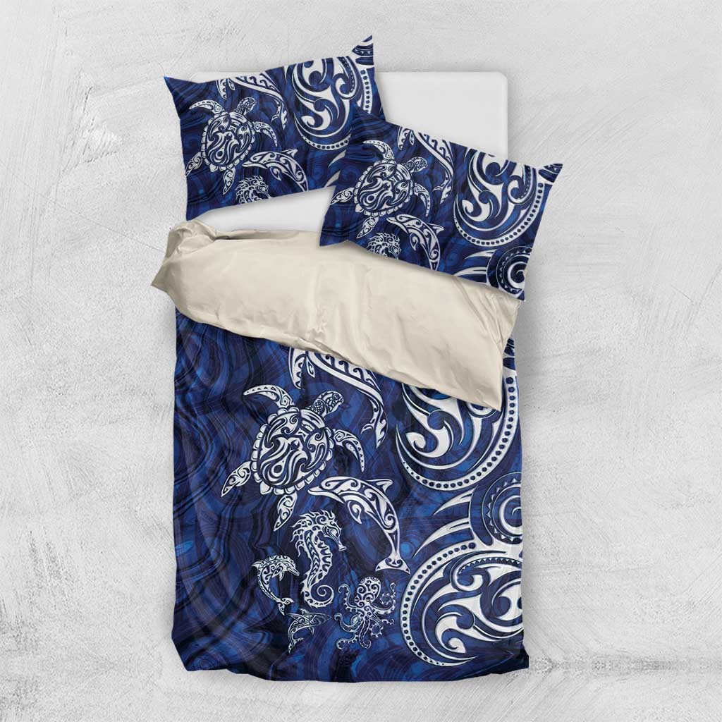 New Zealand Connecting with Seas Bedding Set Maori Tribal and Sea Animals Tattoo - White Glass Style LT03 US Twin 172cm x 218cm Navy - Polynesian Pride