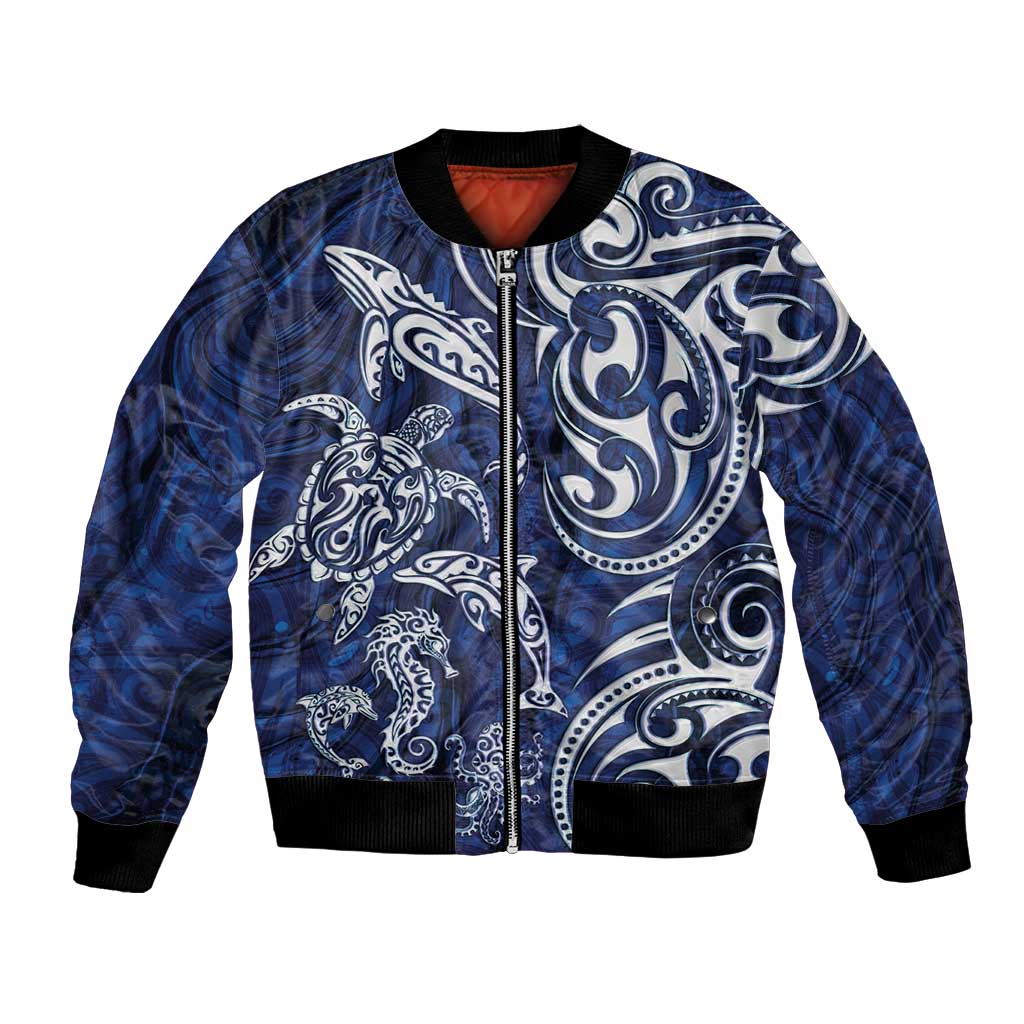 New Zealand Connecting with Seas Bomber Jacket Maori Tribal and Sea Animals Tattoo - White Glass Style LT03 Unisex Navy - Polynesian Pride
