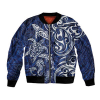 New Zealand Connecting with Seas Bomber Jacket Maori Tribal and Sea Animals Tattoo - White Glass Style LT03 Unisex Navy - Polynesian Pride